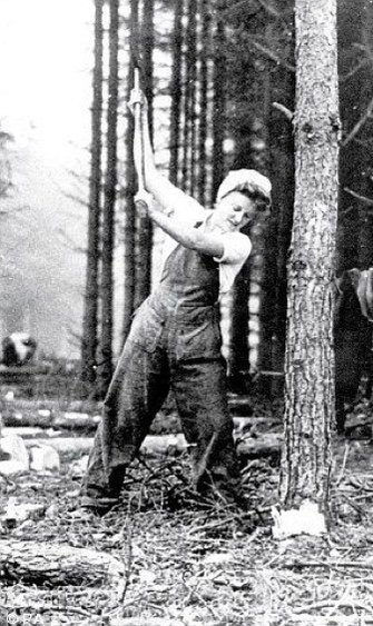 Marjory Stark from the Scottish Women's Timber Corps laying in with the axe at Bowmont, 1944/5